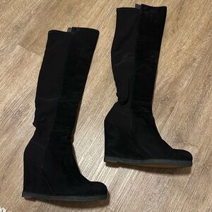 Stuart Weitzman Knee High 50/50 Wedge Boots - Black Suede